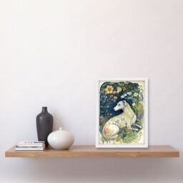 Artery8 White Greyhound Dog with Floral Pattern Fur Coat lying in Flower Field Modern Illustration Artwork Framed Wall Art Print A4 - thumbnail 2