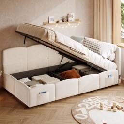 Merax 3ft Single Velvet Ottoman Daybed with USB Charging & Side Pockets in Beige - thumbnail 4
