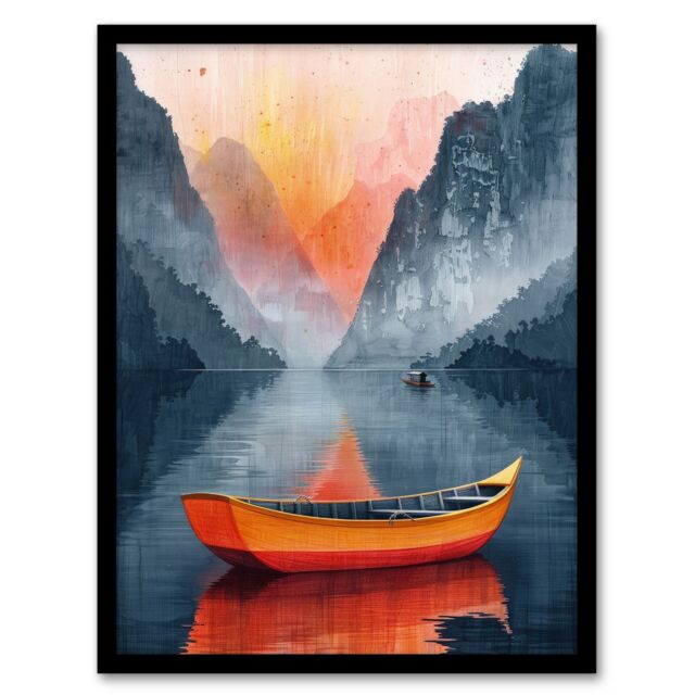 "Artery8 Wall Art Print Boat in Lake Serene Mountain Landscape Sunrise Art Framed Poster in Black - Size: W12"" x H16""" - image 1