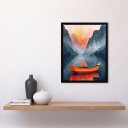 "Artery8 Wall Art Print Boat in Lake Serene Mountain Landscape Sunrise Art Framed Poster in Black - Size: W12"" x H16""" - thumbnail 4