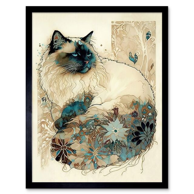 "Artery8 Wall Art Print Ragdoll Cat with Floral Pattern Tail Modern Watercolour Art Framed in Black - Size: W12"" x H16""" - image 1