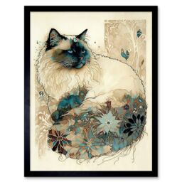 "Artery8 Wall Art Print Ragdoll Cat with Floral Pattern Tail Modern Watercolour Art Framed in Black - Size: W12"" x H16""" - thumbnail 1