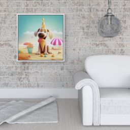 "Warren Reed - Designer Dog On A Beach Holiday Framed Canvas in Off-White - Size: W16"" x H16""" - thumbnail 2