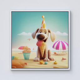 "Warren Reed - Designer Dog On A Beach Holiday Framed Canvas in Off-White - Size: W16"" x H16""" - thumbnail 1