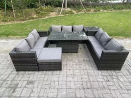 Fimous Outdoor Rattan Garden Furniture Sofa Set Patio Adjustable Rising Lifting Dining Table Set with Side Table in Dark Grey - thumbnail 2