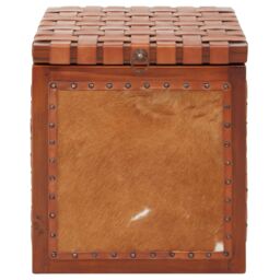 Orsina Storage Stool With Metallic Stud Trim, Teak Wood Seat With Hair-on-Leather Base, Latticed Leather Top Stool in Brown