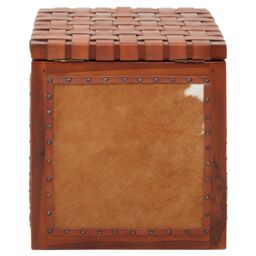 Orsina Storage Stool With Metallic Stud Trim, Teak Wood Seat With Hair-on-Leather Base, Latticed Leather Top Stool in Brown - thumbnail 5