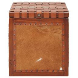 Orsina Storage Stool With Metallic Stud Trim, Teak Wood Seat With Hair-on-Leather Base, Latticed Leather Top Stool in Brown - thumbnail 6