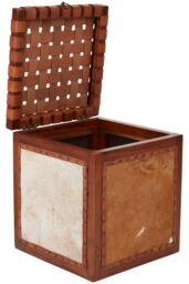 Orsina Storage Stool With Metallic Stud Trim, Teak Wood Seat With Hair-on-Leather Base, Latticed Leather Top Stool in Brown - thumbnail 3