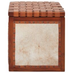 Orsina Storage Stool With Metallic Stud Trim, Teak Wood Seat With Hair-on-Leather Base, Latticed Leather Top Stool in Brown - thumbnail 4