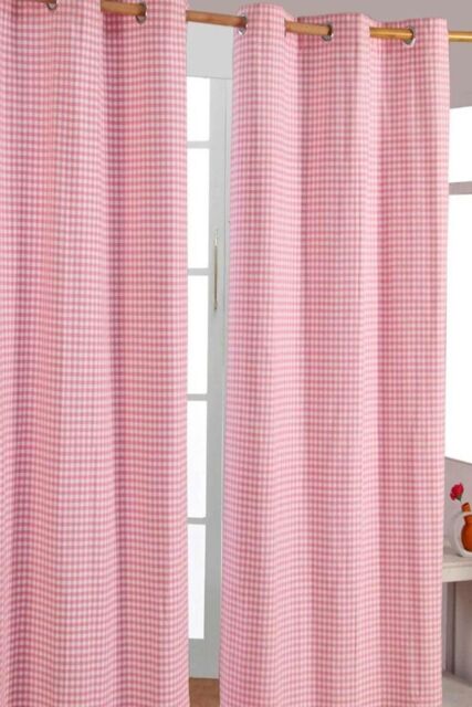 Homescapes Cotton Gingham Eyelet Curtain Pair in Pink - Size: 140 cm width x 183 cm drop - image 1