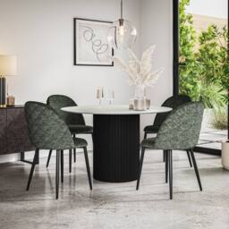More4Homes Arlo White Marble Top W Black Leg + Raye Velvet Dining Chair Set Of 4 in Green