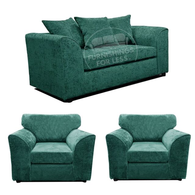 Furnishings For Less UK Monaco Chenille Fabric 3 Piece Sofa Suite - 2 Seater & 2 Armchairs in Teal - image 1