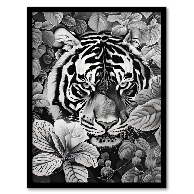 "Artery8 Black White Tiger Jungle Botanical Portrait Framed Art Print - Size: W12"" x H16""" - image 1