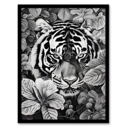 "Artery8 Black White Tiger Jungle Botanical Portrait Framed Art Print - Size: W12"" x H16""" - thumbnail 1