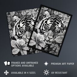 "Artery8 Black White Tiger Jungle Botanical Portrait Framed Art Print - Size: W12"" x H16""" - thumbnail 2