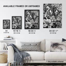 "Artery8 Black White Tiger Jungle Botanical Portrait Framed Art Print - Size: W12"" x H16""" - thumbnail 3