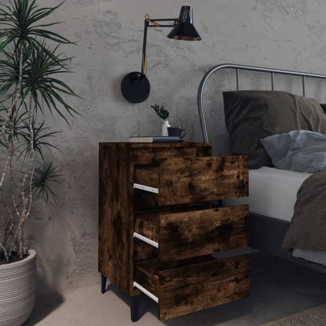 Berkfield Home Sturdy Bed Cabinet with Metal Legs Smoked Oak 40x35x69 cm in Brown - Size: 40 x 35 x 69 cm - image 1