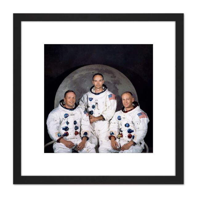 Artery8 Space NASA Apollo 11 Crew Armstrong Collins Aldrin 8X8 Inch Square Wooden Framed Wall Art Print Picture with Mount in Black - image 1