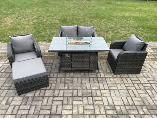 Fimous Rattan Outdoor Garden Furniture Set Gas Fire Pit Dining Table with Chair Loveseat Sofa Footstool in Dark Grey - image 1