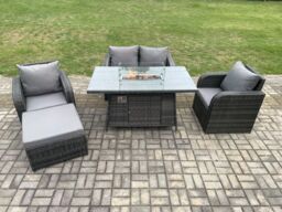 Fimous Rattan Outdoor Garden Furniture Set Gas Fire Pit Dining Table with Chair Loveseat Sofa Footstool in Dark Grey - thumbnail 1