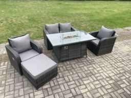 Fimous Rattan Outdoor Garden Furniture Set Gas Fire Pit Dining Table with Chair Loveseat Sofa Footstool in Dark Grey - thumbnail 2