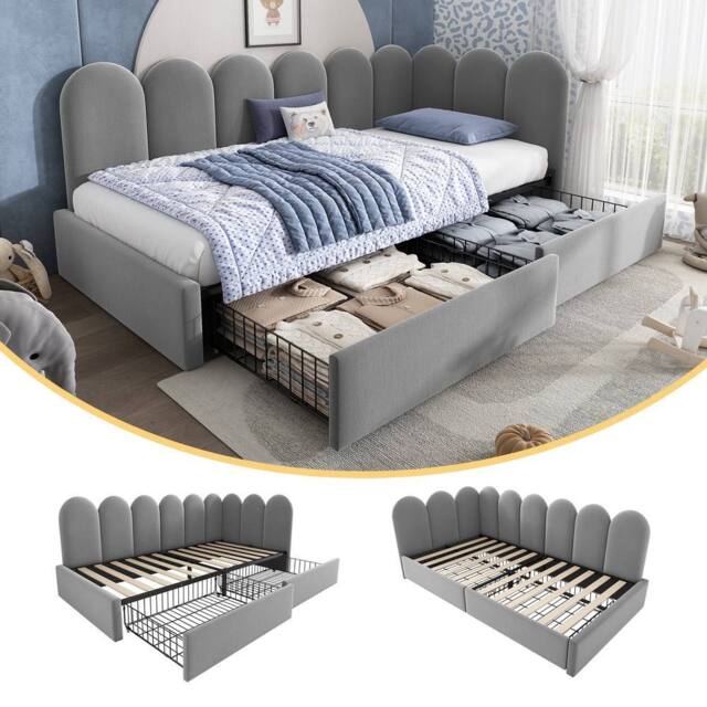 Rolipo Grey Velvet 3ft Single Daybed With Storage Drawers 90x190cm - Size: 90x190 cm - image 1