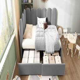 Rolipo Grey Velvet 3ft Single Daybed With Storage Drawers 90x190cm - Size: 90x190 cm - thumbnail 5
