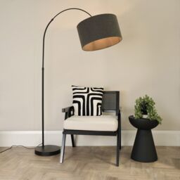 ValueLights Louis Black Arched Curved Floor Lamp with Boucle Drum Lamp Shade & LED Bulb in Charcoal - thumbnail 1