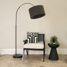 ValueLights Louis Black Arched Curved Floor Lamp with Boucle Drum Lamp Shade & LED Bulb in Charcoal - thumbnail 3