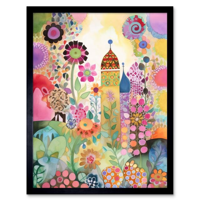 "Artery8 Wall Art Print Countryside Garden Flowers In Spring Folk Art Watercolour Painting Art Framed in Black - Size: W12"" x H16""" - image 1