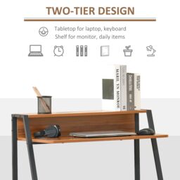 HOMCOM 2-Tier Storage Computer Workstation with Shelf, Metal Frame in Walnut - thumbnail 4