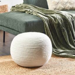 Wyld and Coco White Handwoven Wool Pouf 50cm Round - Boho Ottoman - thumbnail 1