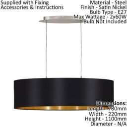 Loops Pendant Light Colour Satin Nickel Shade Black Gold Fabric Bulb E27 2x60W in Metallics - thumbnail 2