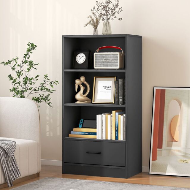Costway 4 Tiers Storage Shelf Wood Bookcase Floor Standing Display Shelf with Drawer in Grey - image 1