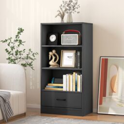 Costway 4 Tiers Storage Shelf Wood Bookcase Floor Standing Display Shelf with Drawer in Grey - thumbnail 1