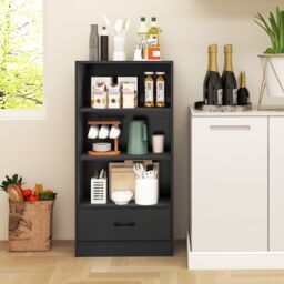Costway 4 Tiers Storage Shelf Wood Bookcase Floor Standing Display Shelf with Drawer in Grey - thumbnail 5