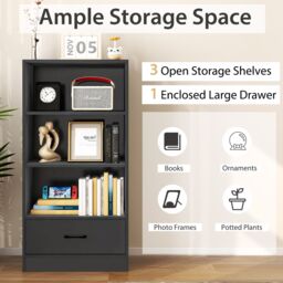 Costway 4 Tiers Storage Shelf Wood Bookcase Floor Standing Display Shelf with Drawer in Grey - thumbnail 6