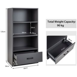 Costway 4 Tiers Storage Shelf Wood Bookcase Floor Standing Display Shelf with Drawer in Grey - thumbnail 3