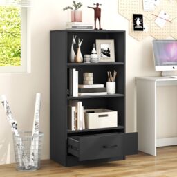 Costway 4 Tiers Storage Shelf Wood Bookcase Floor Standing Display Shelf with Drawer in Grey - thumbnail 4