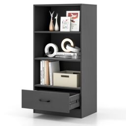 Costway 4 Tiers Storage Shelf Wood Bookcase Floor Standing Display Shelf with Drawer in Grey - thumbnail 2