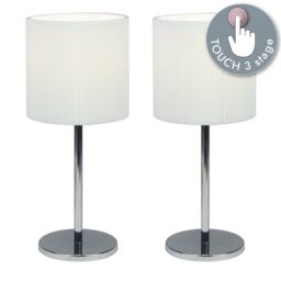 First Choice Lighting Set of 2 Chrome Touch Operated Table Lamps with White Pleat Shades in Silver - thumbnail 2