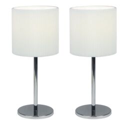 First Choice Lighting Set of 2 Chrome Touch Operated Table Lamps with White Pleat Shades in Silver