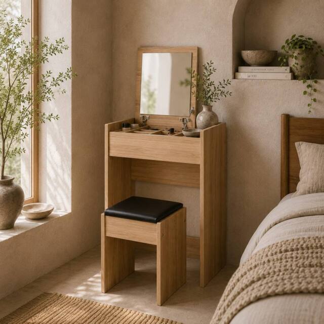 Wyld Haus Nolena Wood Effect Vanity Desk Flip Mirror Storage & Cushioned Stool in Light Oak - image 1