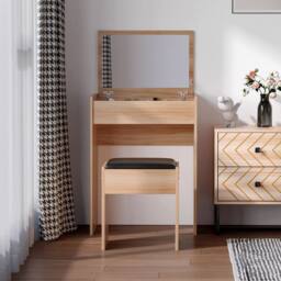Wyld Haus Nolena Wood Effect Vanity Desk Flip Mirror Storage & Cushioned Stool in Light Oak - thumbnail 9