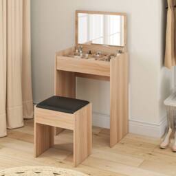 Wyld Haus Nolena Wood Effect Vanity Desk Flip Mirror Storage & Cushioned Stool in Light Oak - thumbnail 8