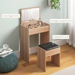 Wyld Haus Nolena Wood Effect Vanity Desk Flip Mirror Storage & Cushioned Stool in Light Oak - thumbnail 7