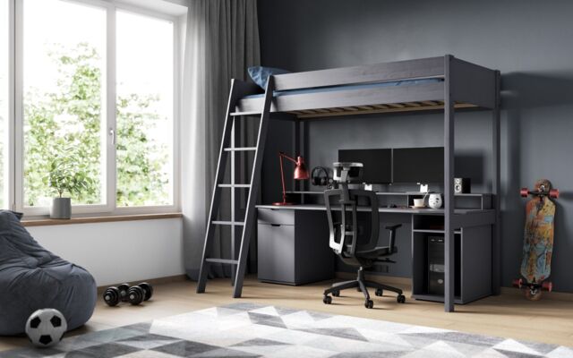 Noomi Tera Solid Wood Gaming High Sleeper Bed in Grey - Size: EU Single - image 1