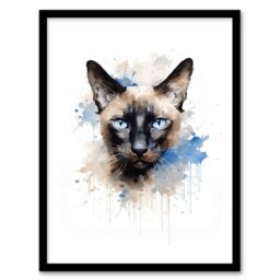 "Artery8 Wall Art Print Siamese Cat Lovers Gift Watercolour Pet Portrait Painting Artwork Art Framed - Size: W12"" x H16""" - thumbnail 1
