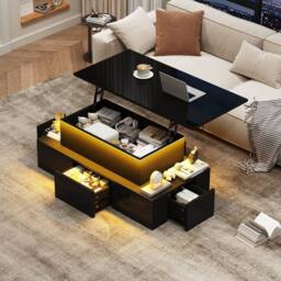 BTM Lift Top Coffee Table LED Storage Drawers High Gloss Sofa Table in Black - thumbnail 1
